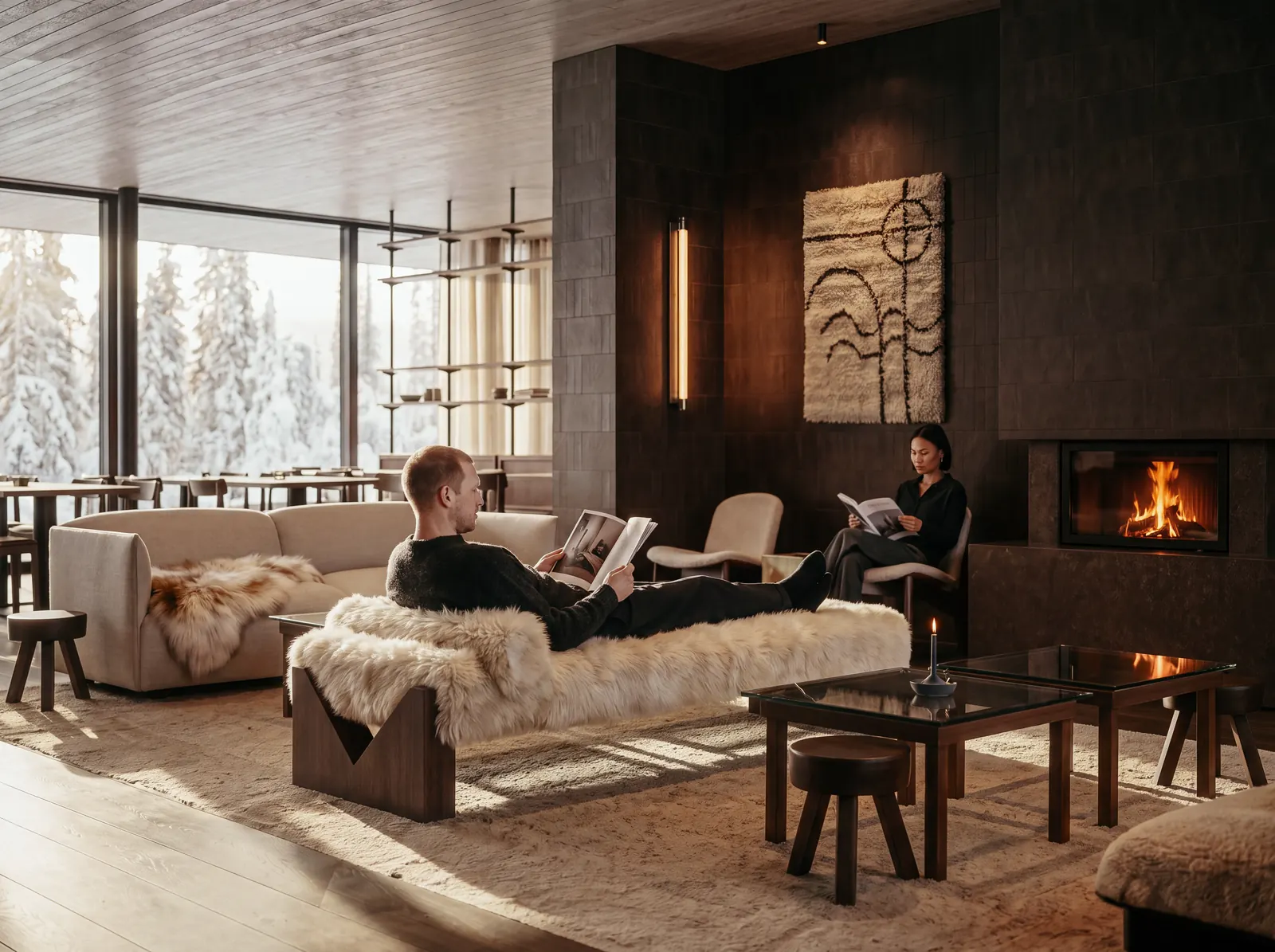 Two guests reading by the fireplace in the Riverside lounge, with sheepskins on the sofas